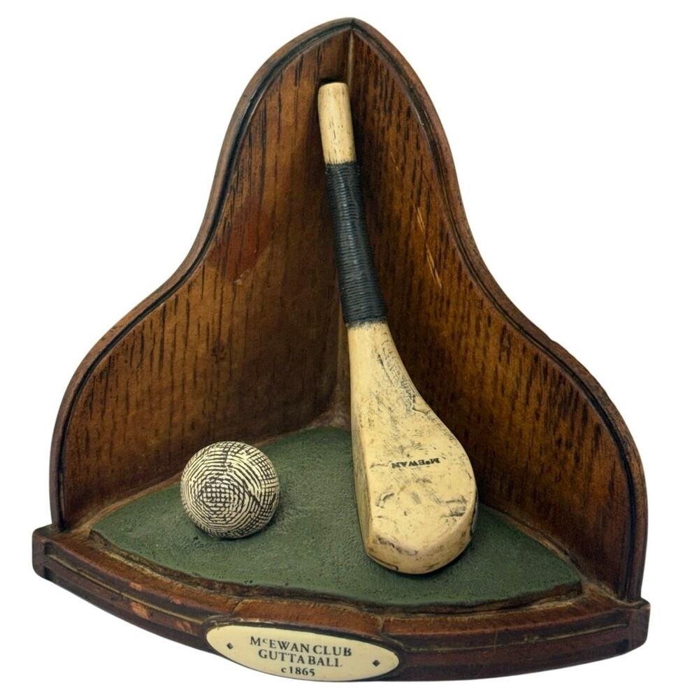 Vintage 90s McEwan Club Guttaball Golf Bookend Wood Display